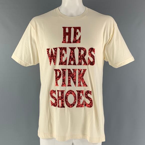 GUCCI Size M Beige Red Embroidery Cotton Crew-Neck T-shirt - Picture 1 of 6